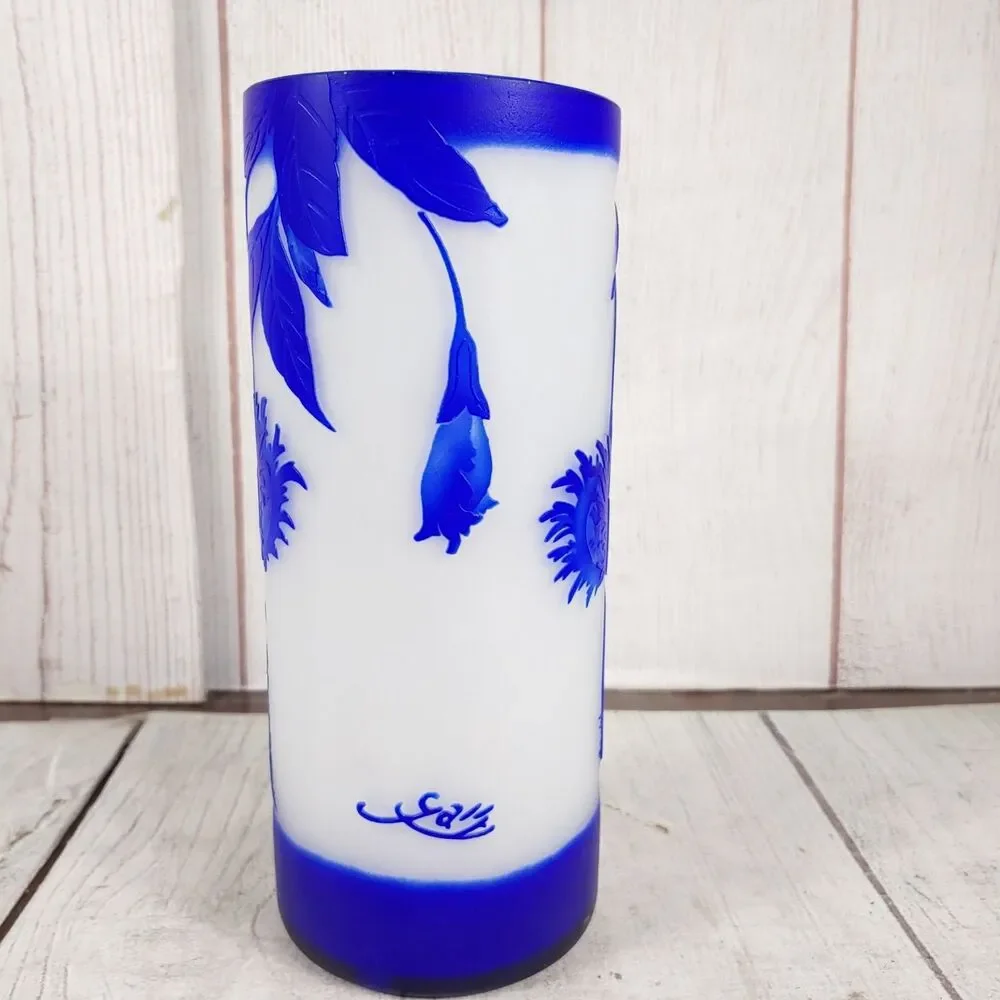 Vintage Emile Galle Cameo Glass Vase Signed REPRODUCTION Blue White Bird Flowers